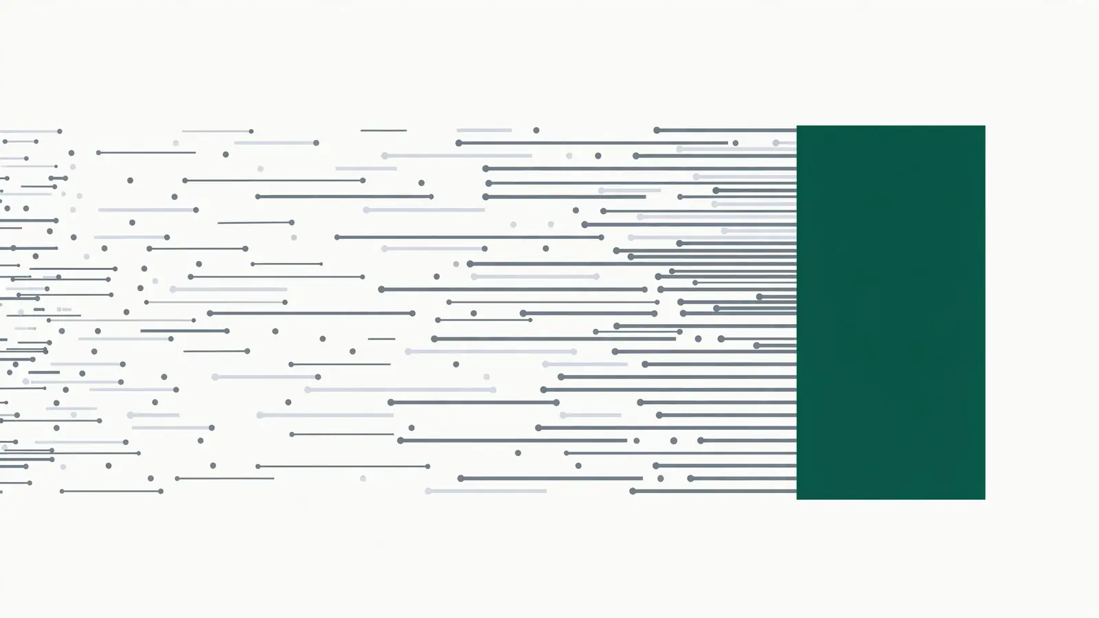 Abstract diagram showing fragmented data lines on the left converging into a single solid green block on the right, representing scattered records resolving into a single source of truth
